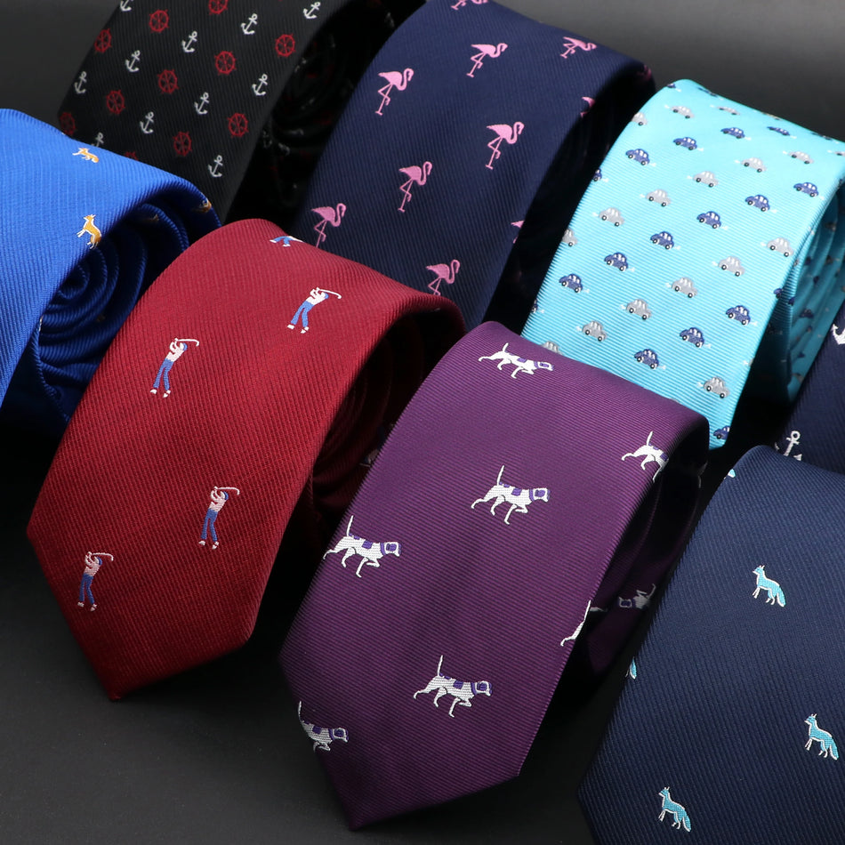 Stylish Jacquard Slim Necktie for Men with Car, Dog, and Monkey Patterns