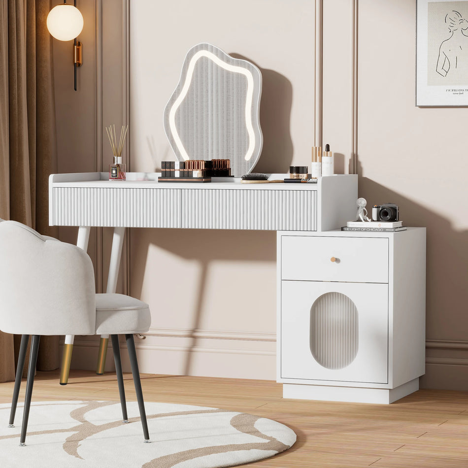 White Dressing Table With LED Mirror And Lighting 3 Drawers