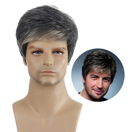 Men's Short Fluffy Straight Full Bang Black Synthetic Wig Black Light Gold / CHINA / 20CM