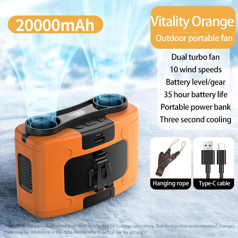 NoEnName Null 20000mAh Outdoor Portable Waist Fan &ndash; Strong Wind with Power Bank and LED Lighting 20000mAh Orange