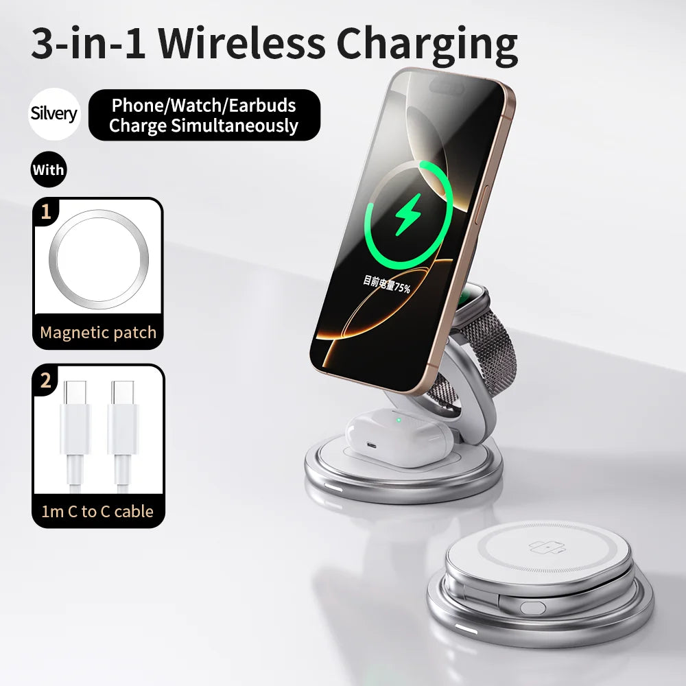 CrownQu 3 In 1 Magnetic Wireless Charger &ndash; Fast Charging With 360 Degree Rotation Silvery