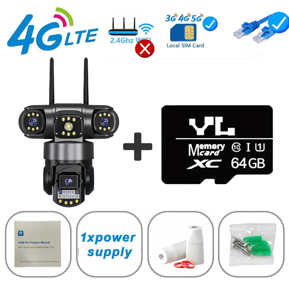 15MP 4G SIM Surveillance Camera Triple-Lens Triple Screens IP66 Outdoor HD Night Vision Outdoor WiFi IP Security Camera V380 Pro 4G Cam 64G Card / EU Plug
