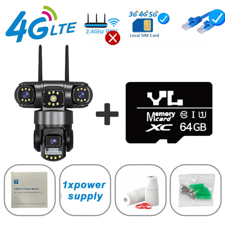 15MP 4G SIM Surveillance Camera Triple-Lens Triple Screens IP66 Outdoor HD Night Vision Outdoor WiFi IP Security Camera V380 Pro 4G Cam 64G Card / EU Plug