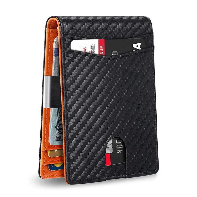 DIENQI Black Carbon Fiber Slim Leather Wallet for Men - Perfect Father's Day Gift Carbon Orange