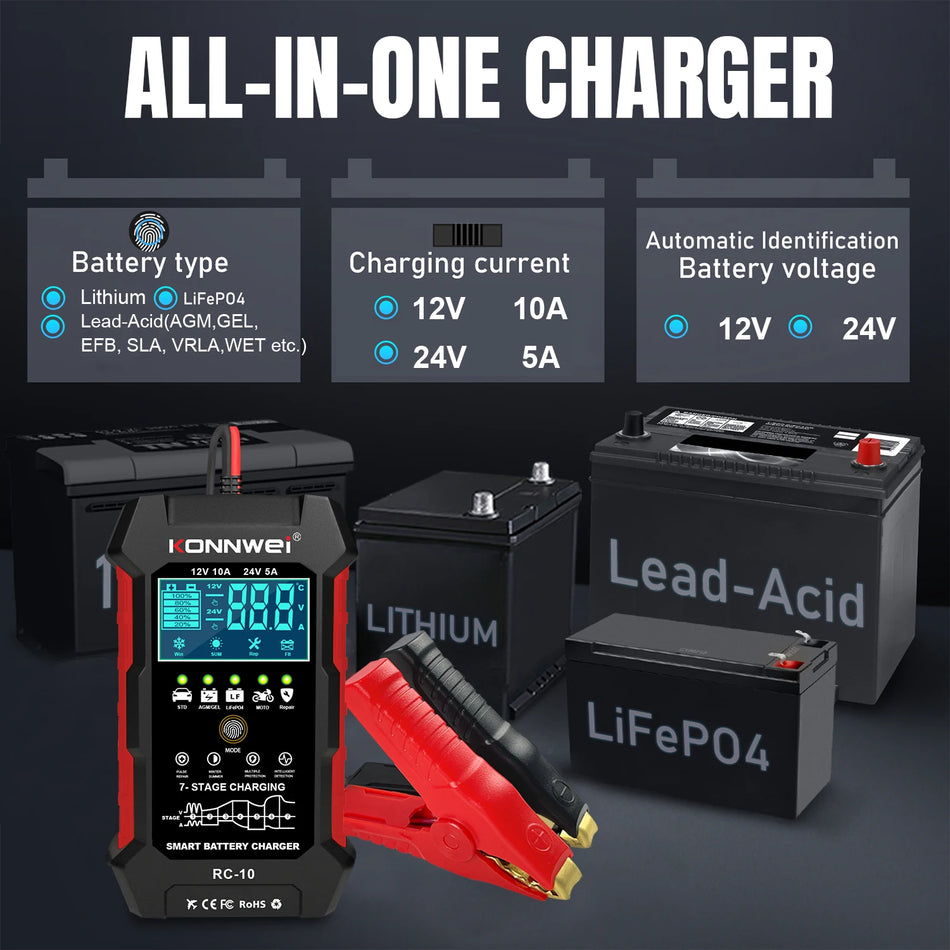 Cargador reparador de baterías de automóvil de 12V 24V con pulsos para baterías de plomo-ácido AGM