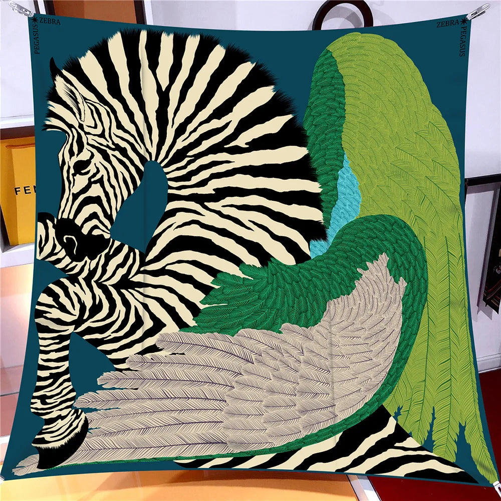 Pobing 90cm Twill Silk Scarf &ndash; Elegant Checkered Horse Print GREEN(8) / 90CM x 90CM / CHINA|>8Y