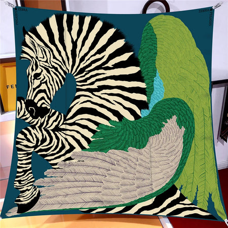 Pobing 90cm Twill Silk Scarf &ndash; Elegant Checkered Horse Print GREEN(8) / 90CM x 90CM / CHINA|>8Y