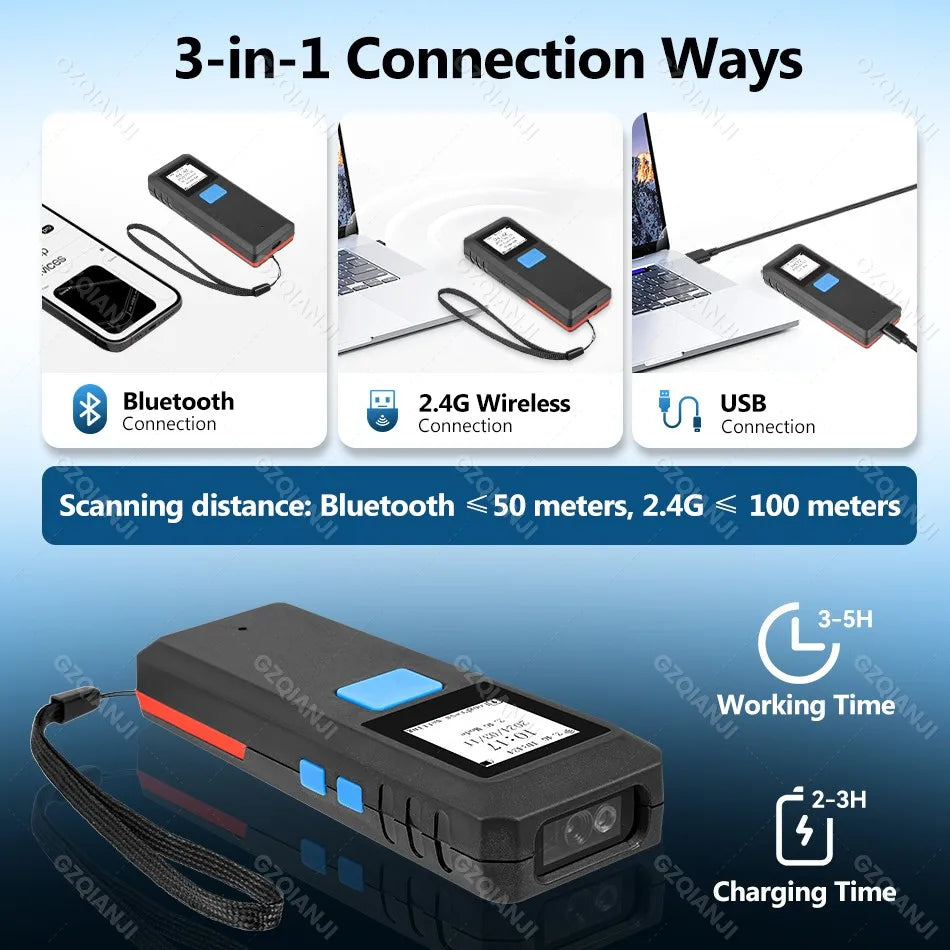 Mini Pocket 1D/2D Bezvadu Bluetooth svītrkodu skeneris iPad un iPhone.