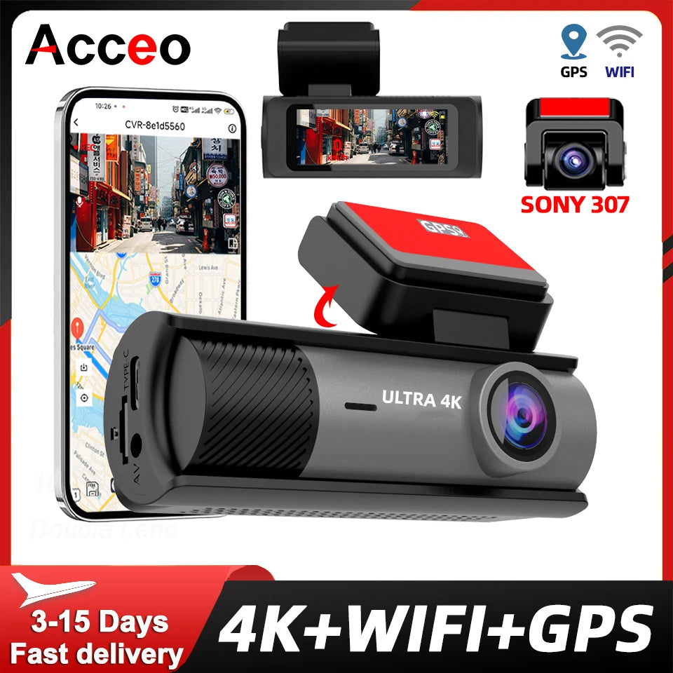 ACCEO 4K Dashcam - Built In GPS WiFi Night Vision Loop