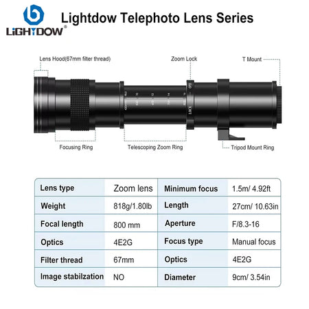 Lightdow 420-800mm f/8.3-16 &ndash; Versatile Telephoto Zoom Lens for Multiple Camera Mounts