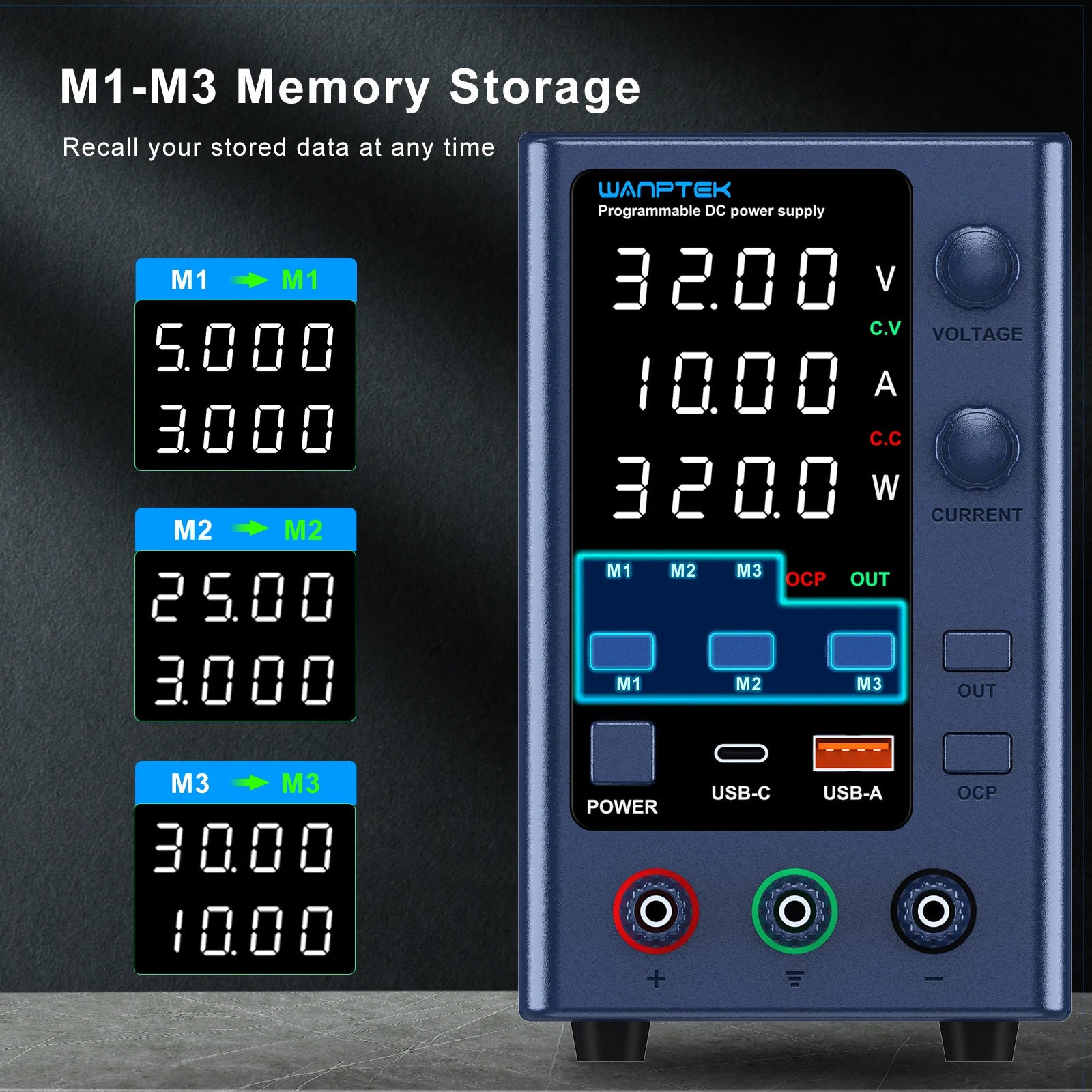 Wanptek 32V 10A Adjustable DC Power Supply with Fast Charging &amp; Memory Function