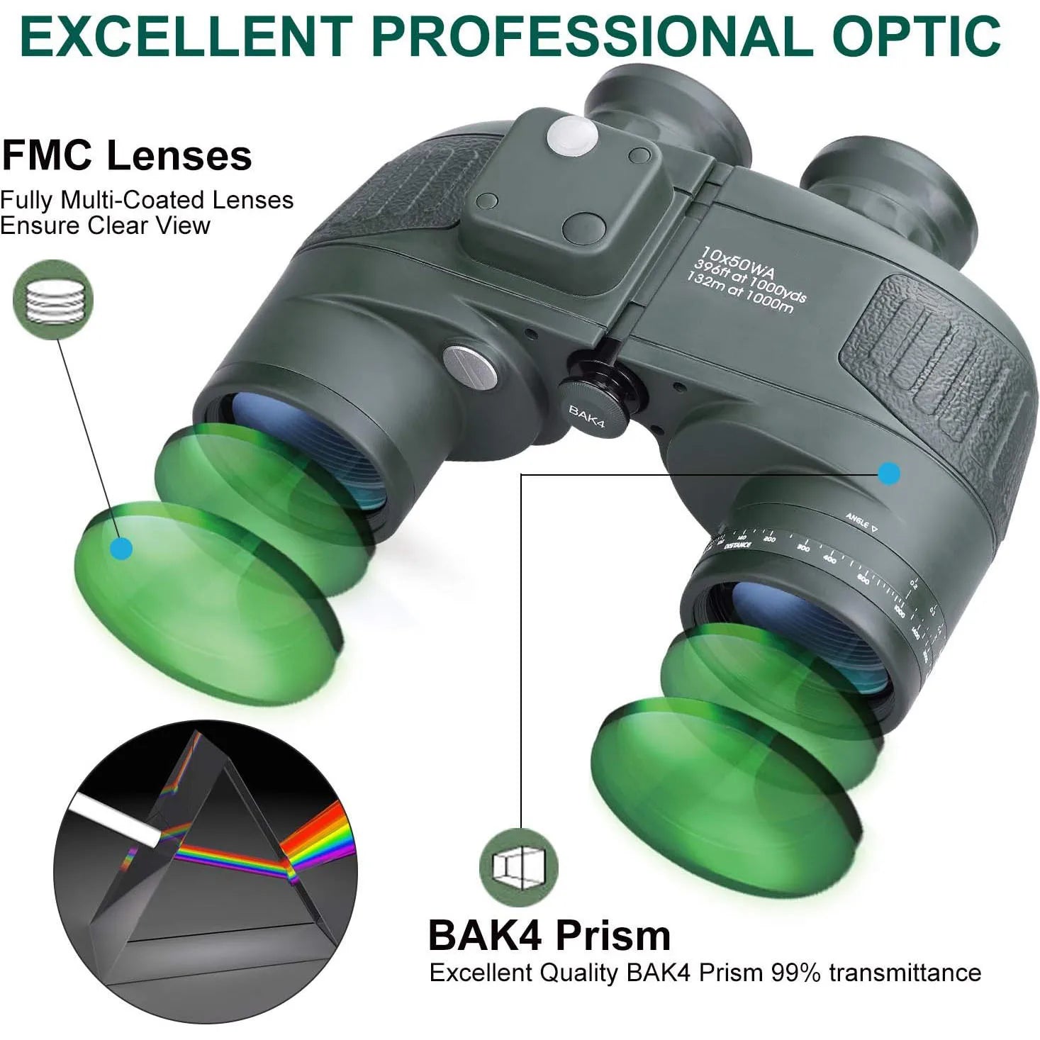 10x50 Marine Military Binoculars &ndash; Waterproof HD BAK4 Prism