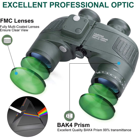 10x50 Marine Military Binoculars &ndash; Waterproof HD BAK4 Prism