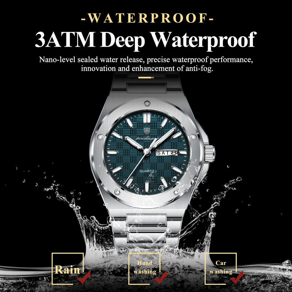 Luxury Men Watch Stainless Steel, Luminous Dial, Quartz, Waterproof Date POEDAGAR