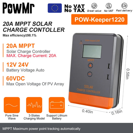 PowMr MPPT Solar Charge Controller &ndash; LCD Display, 12V-48V MPPT 20A / france