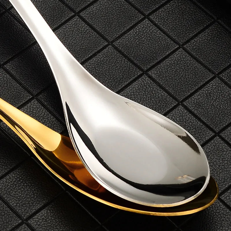 🟠 304 Stainless Steel Flat-bottomed Spoon for Home Soup Chinese Western Food Adult Spoon Round-bottomed Palace Spoon