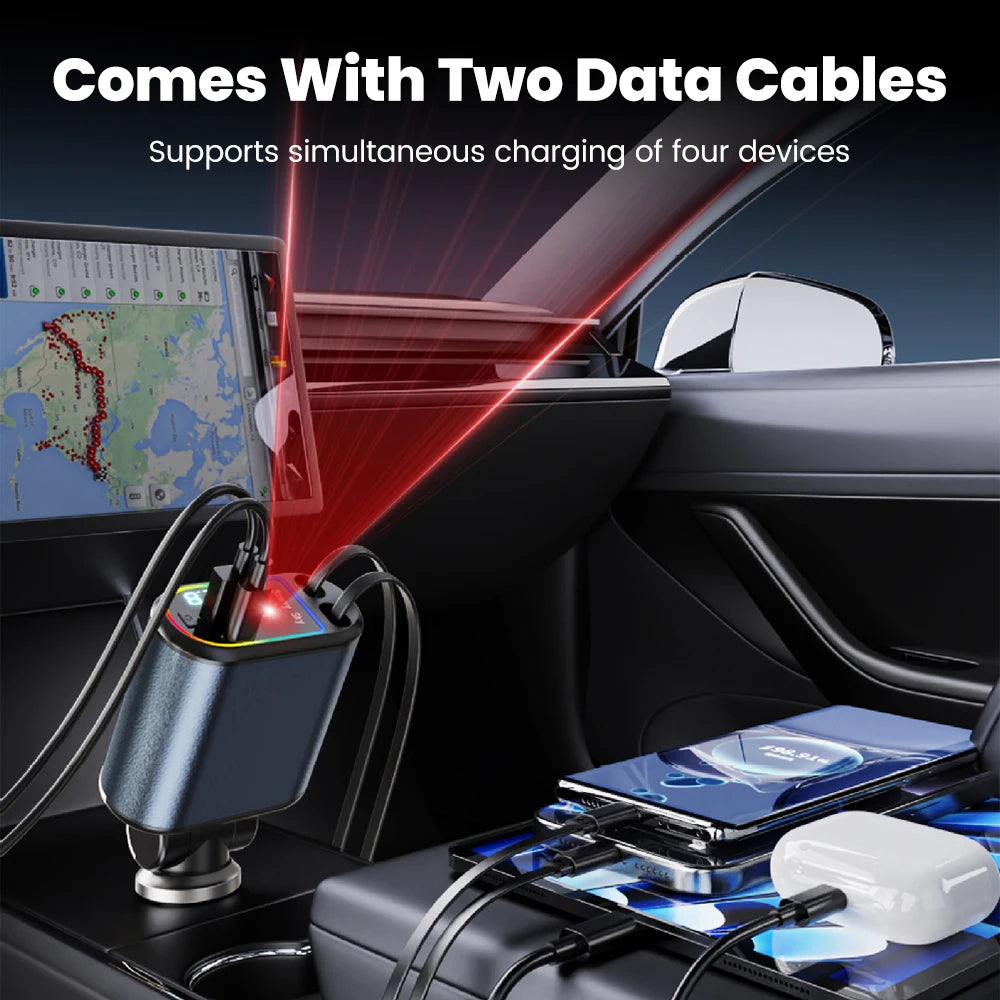 120W 4-In-1 Retractable Car Charger Type-C - Fast Charge