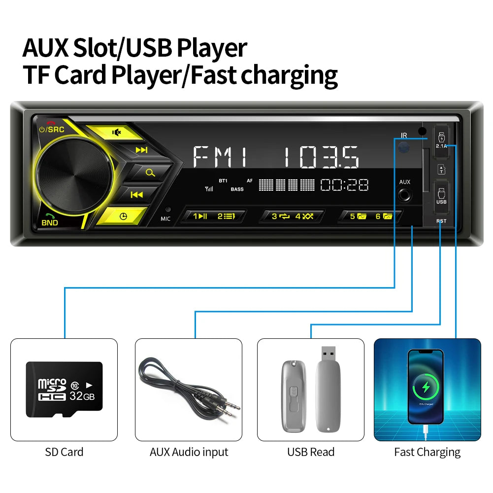 AKAMATE 1DIN Car Radio &ndash; Bluetooth MP3 USB TF Card Charging