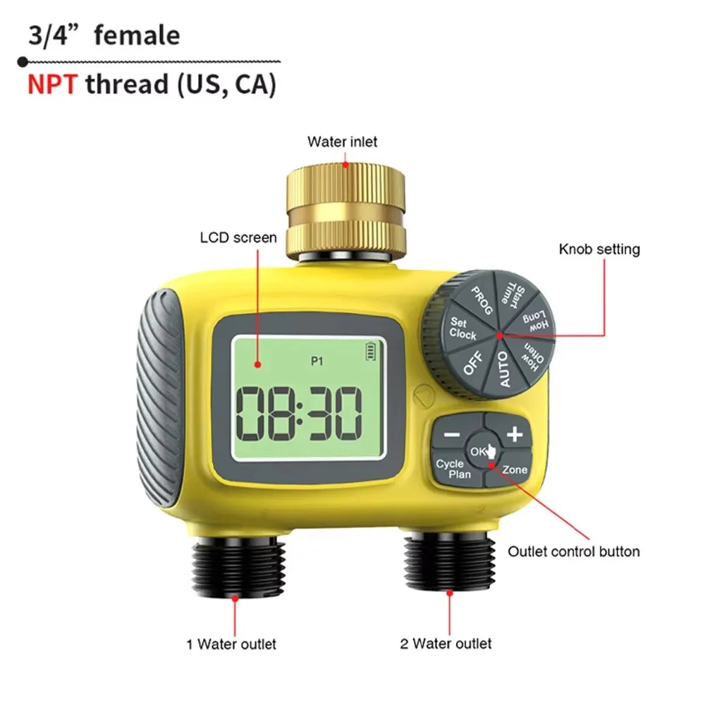 IP55 3/4 Inch Auto Water Timer 2 Outlets &ndash; Delay Watering NPT (USA CA)