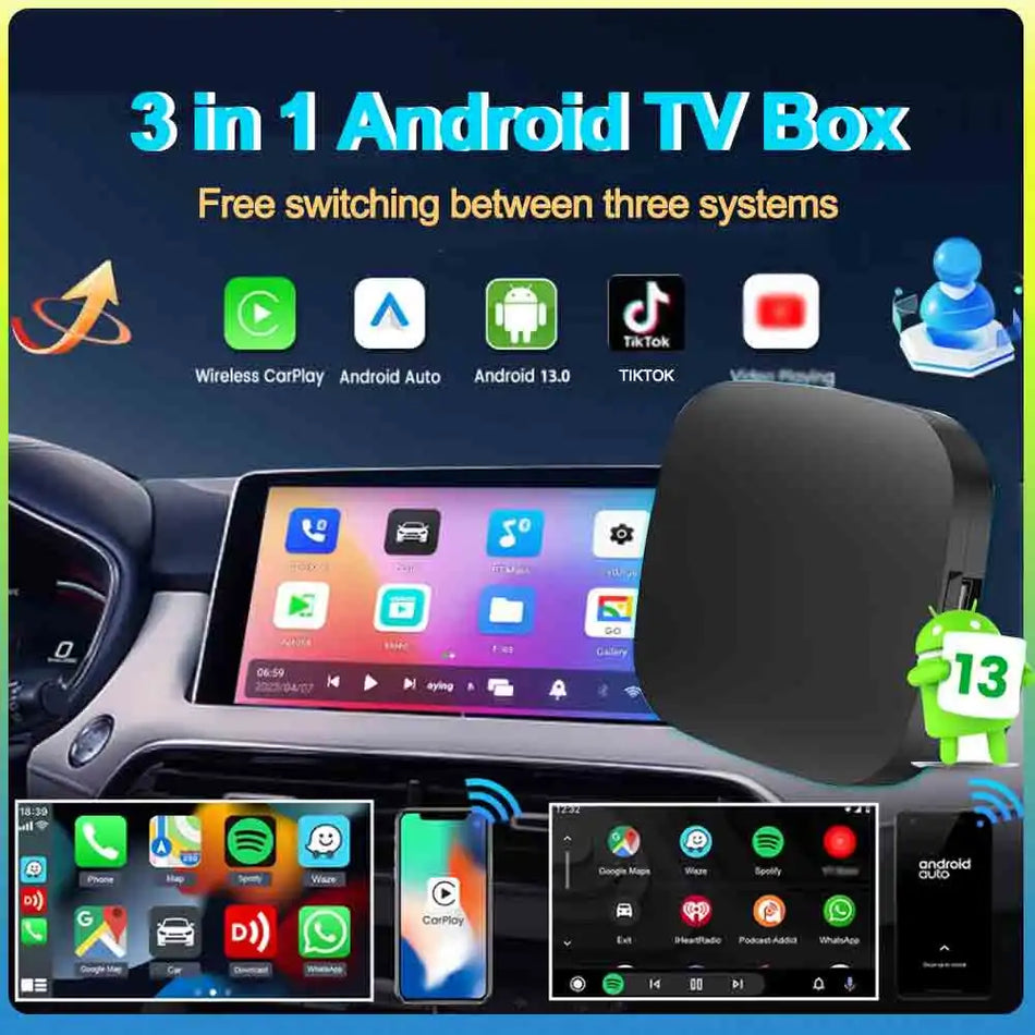 Bezprzewodowy adapter Android Auto CarPlay z 3 w 1 AI Android 13, Netflix YouTube