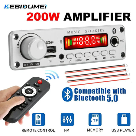 KEBIDUMEI 200W Amplifier Bluetooth MP3 WMA APE Decoder Board DC 12V Wireless Car USB MP3 Player TF Card Slot USB FM with 6.5 Mic by InterCyprus Trading Ltd
