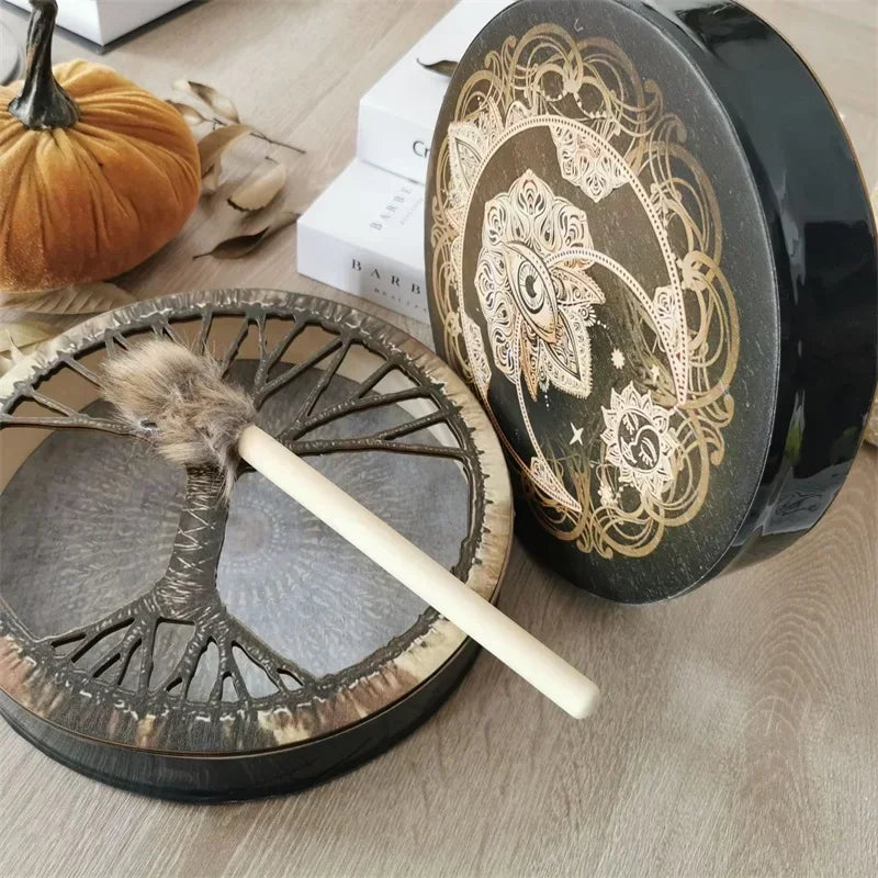 Tobă shamanică de mână de 10 inci cu baston, cadru din nuc pentru meditație, yoga și vindecare prin sunet