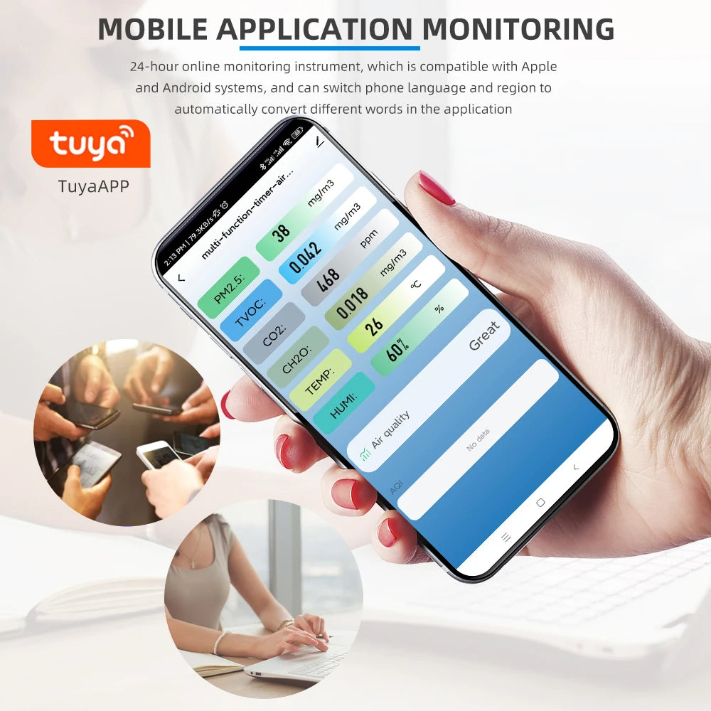 JUANJUAN 6 In 1 Air Quality Detector &ndash; Intelligent Monitoring for PM2.5 CO2 TVOC HCHO Temperature and Humidity