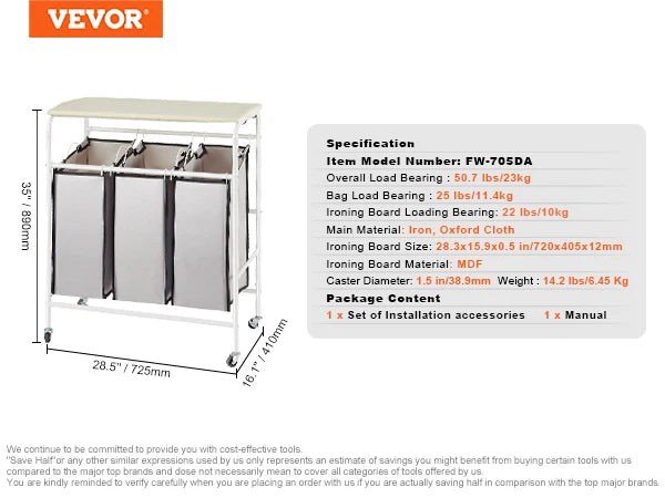 VEVOR 3/4-Section Laundry Sorter &ndash; Folding Ironing Board 3 section with borad / spain