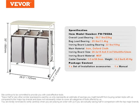 VEVOR 3/4-Section Laundry Sorter &ndash; Folding Ironing Board 3 section with borad / spain