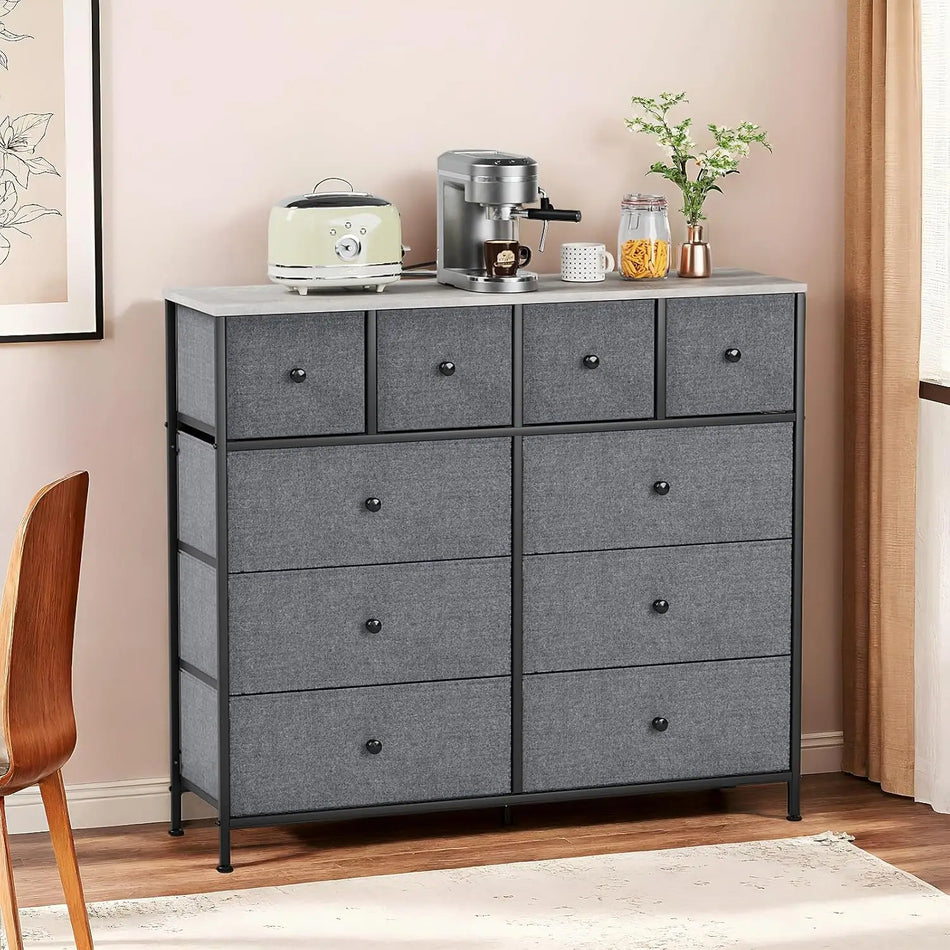 10-szufladowa tkaninowa skrzynia z drewnianym blatem, metalowa rama, antyprzechyłowa