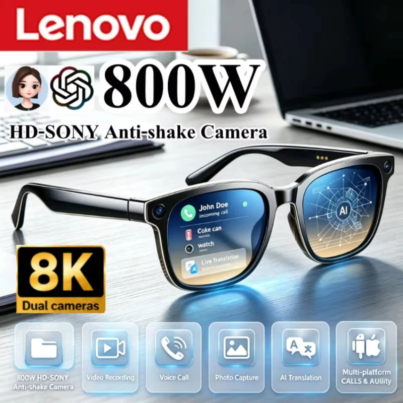 Lenovo AI Smart Video Glasses 800W HD Upgrade Shooting Camera Photo Video Voice Call Translation Bluetooth AI Motorcycle Glasses