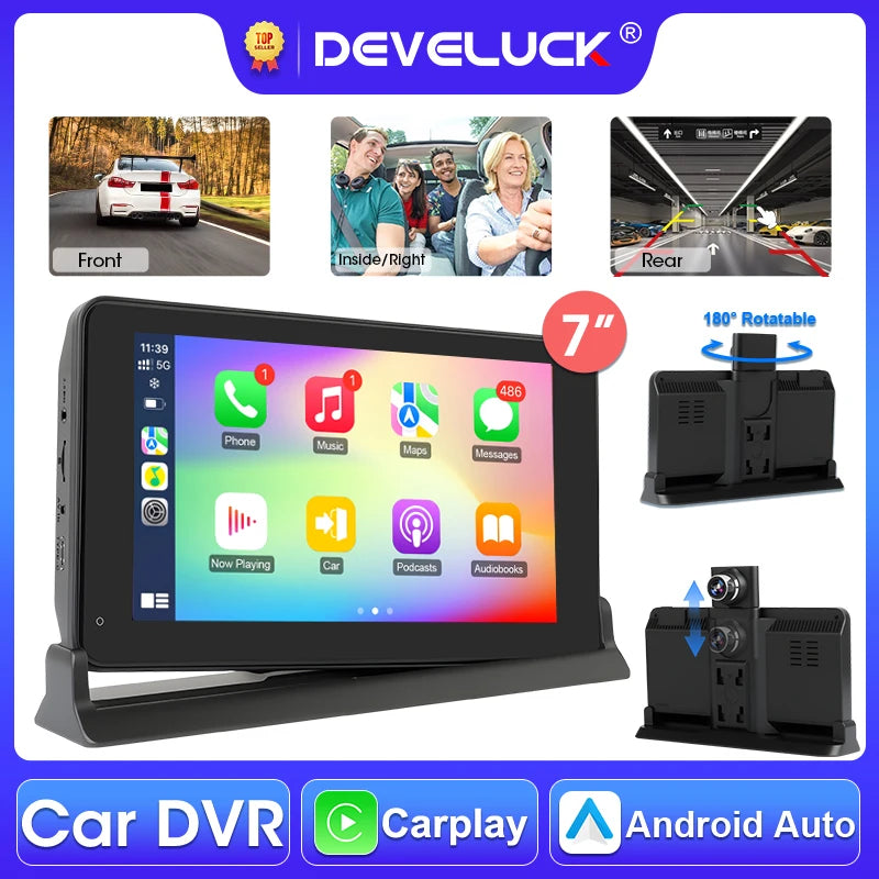Develuck 7 Inch Auto DVR met 2.5K Voorcamera, 180 Graden Rotatie, CarPlay