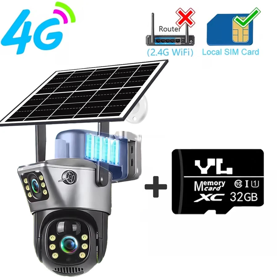 8MP 4K Solar Camera Dual Lens HD Night Vision Safety Protection Built-in Battery PTZ Surveillance 4G Camera Security CCTV 4G Cam Add 32G Card
