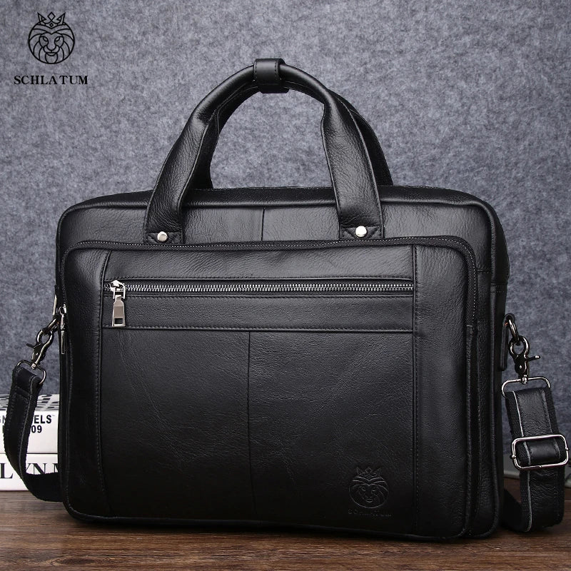 Genuine Leather Laptop Briefcase 16 Inch with Zipper Closure, Black for Men, Durable Minimalist Design