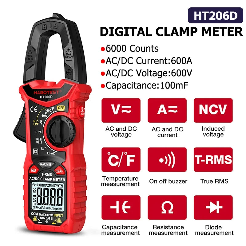 600A Digitalzangenmessgerät mit echtem Effektivwert, AC/DC, 6000 Zählungen, NCV-Tester