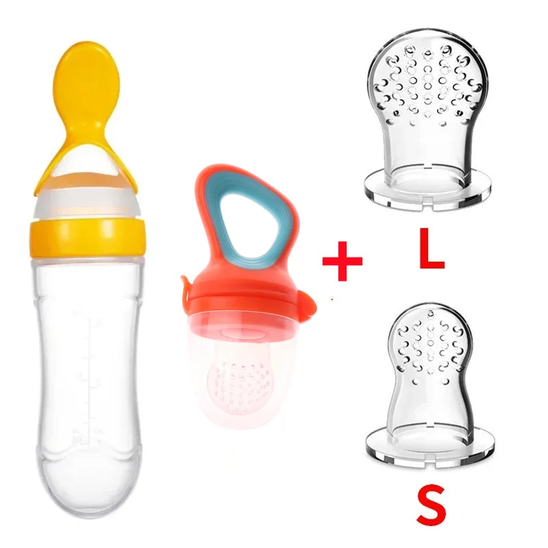 Safe Silicone Baby Feeding Spoon Bottle and Fruit Feeder Kit Yellow 4Pcs Set B