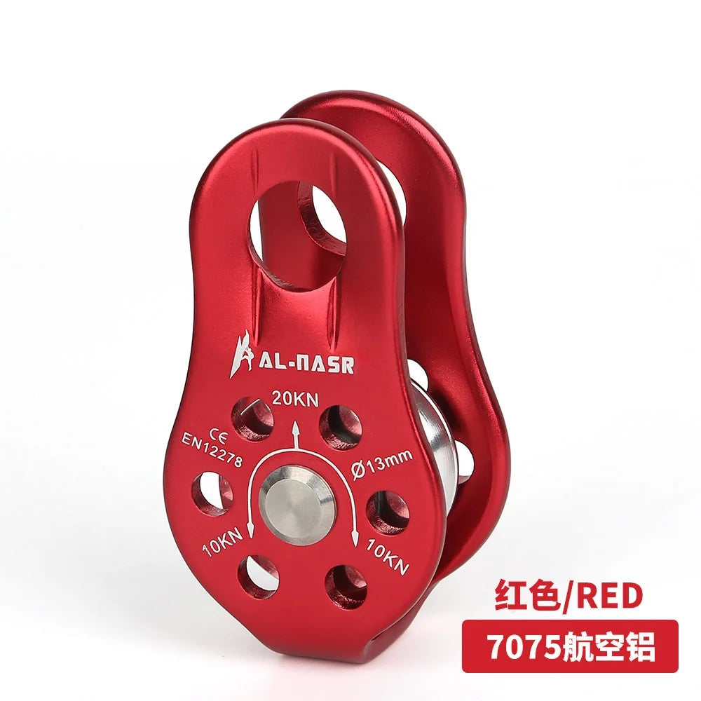 30kN Outdoor Rock Climbing Rescue Dual Pulley Zip Line Pulley Aluminum Magnesium Alloy Climbing Gear Hammock Hanging Device YD28-20KN3-red