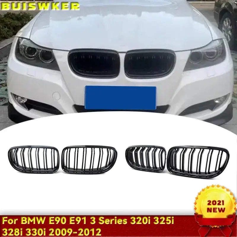 Dual Slat Kidney Grille Gloss Black for BMW E90 3 Series Sedan LCI 09-11 Double Slat Sport Style Gloss Black 1 Pair Body kit by InterCyprus Trading Ltd