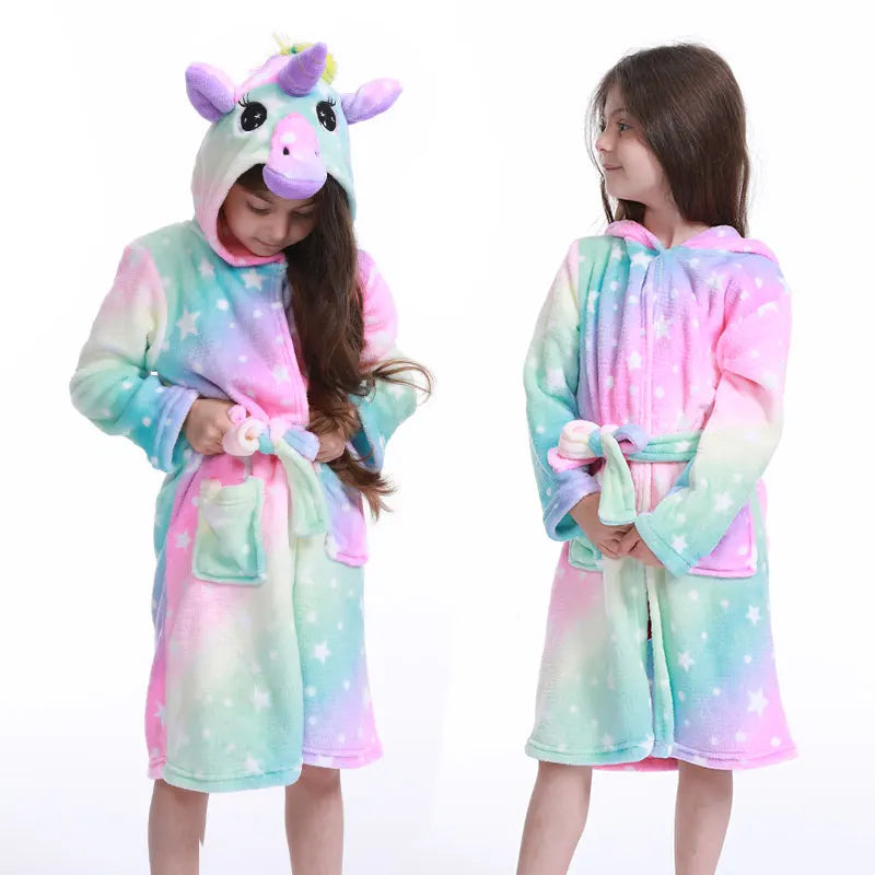 Unicorn Kids Hooded Bathrobe - Flannel Fleece Sleepwear for Girls