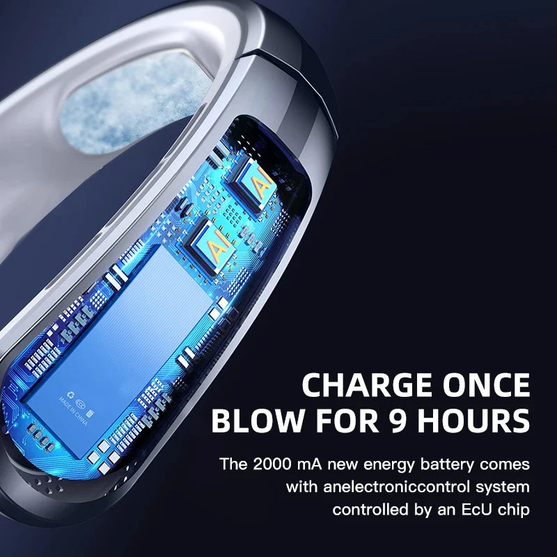Ventilateur de cou sans pales avec batterie de 8000mAh, rechargeable par USB, affichage numérique