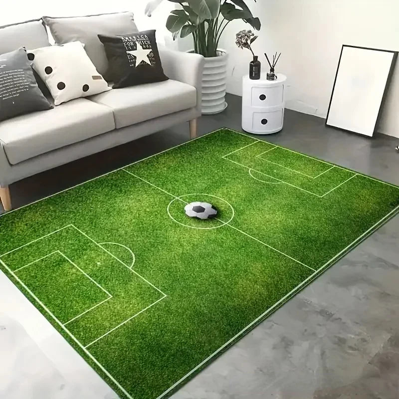 Soccer Field Pattern Kids Rug for Boys Bedroom and Living Room, Washable Anti Slip Polyester Carpet