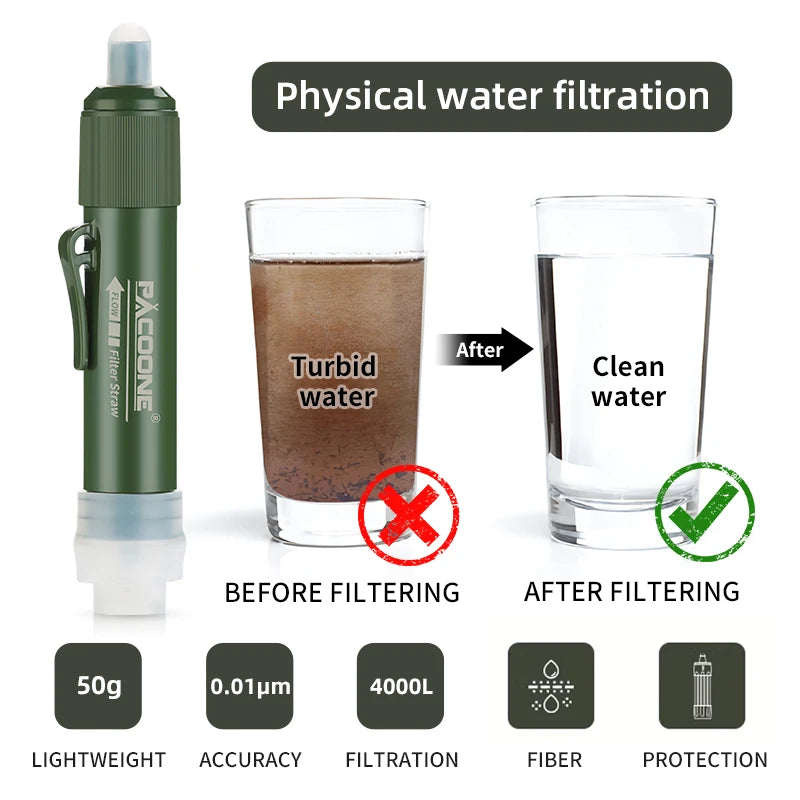 PACOONE Mini Camping Water Purification Filter Straw &amp; TUP Carbon Fiber Bag