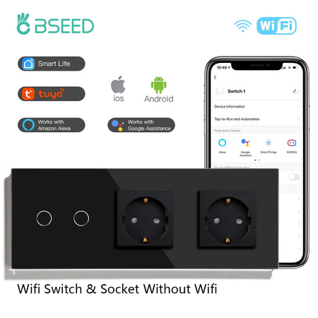 BSEED Smart Touch WiFi Light Switch with USB Type-C Ports 2G Double Socekt / EU standard