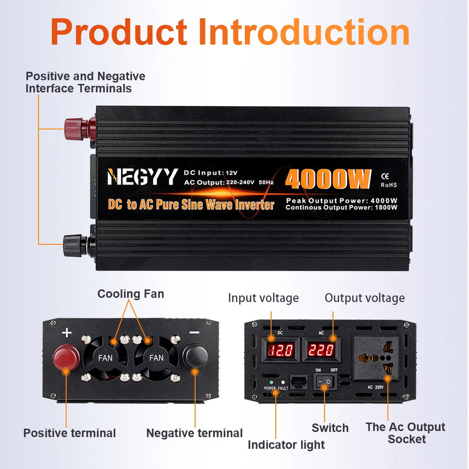 Puhas Sine Laine Päikeseinvertor 12V kuni 220V, 50Hz, 1600W-3000W DC kuni AC Autodele