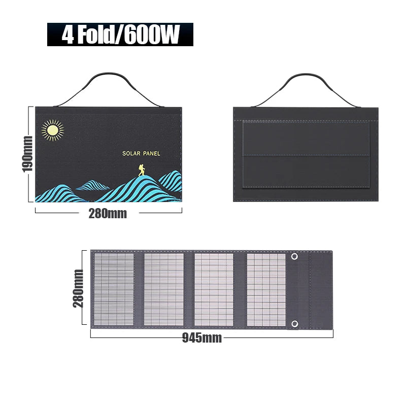 1000W Portable Folding Solar Charger Bag - USB &amp; DC Output for Outdoor Power 600W 4fold