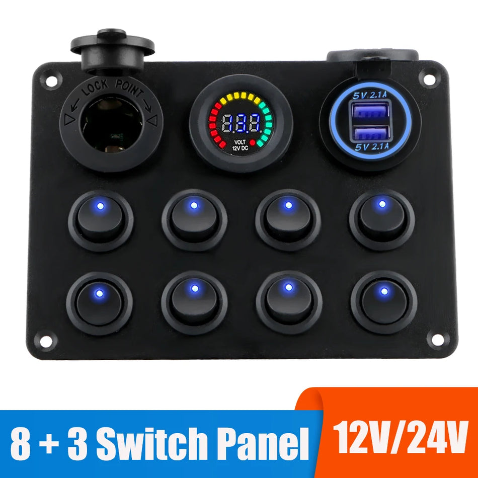 24V 12V Spínačový panel s 8 tlačítky USB nabíječky 15A pojistka auto loď karavan