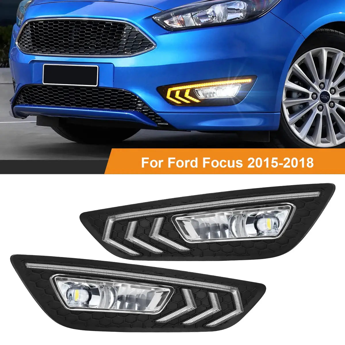 For Ford Focus DRL Led Fog Lamps Chrome Trim 2015 2016 2017 2018 Daytime Running Lights Dynamic Turn Signal White Yellow Blue by InterCyprus Trading Ltd