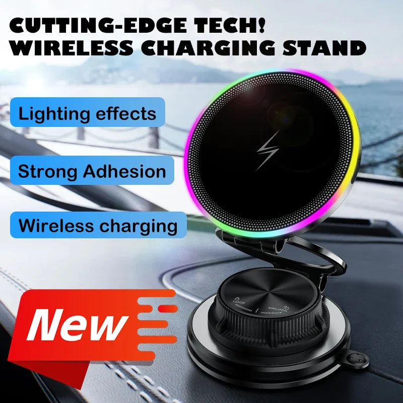 Suport wireless pentru telefon auto, cu lumină RGB și rotire la 360° pentru iPhone