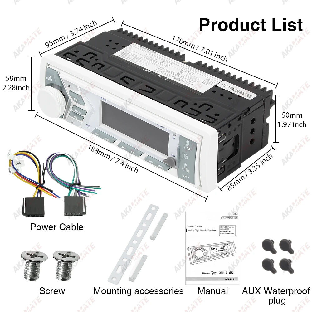 AKAMATE 1Din Boat Radio - Bluetooth USB AUX Marine Stereo