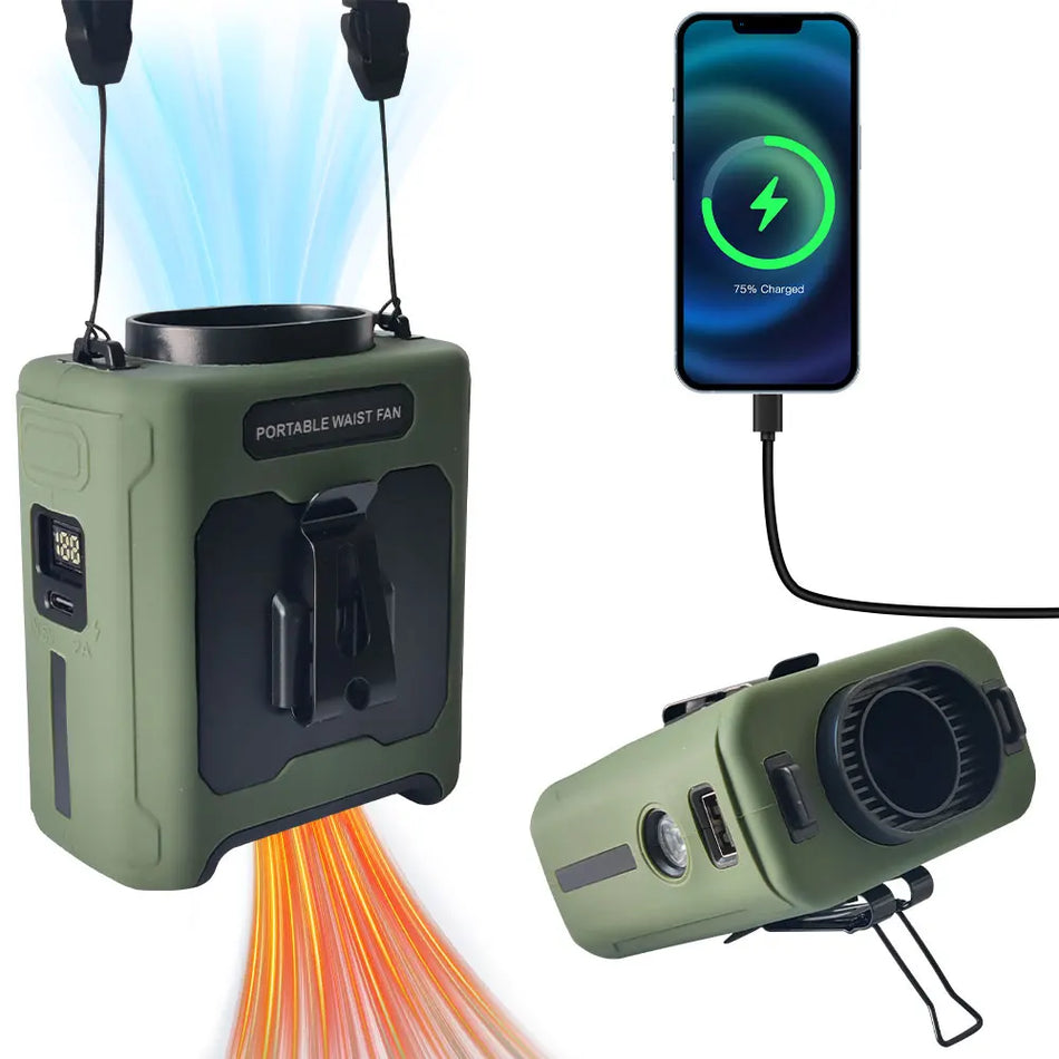 10000mAh Waist Fan, Portable Neck Hanging Handheld with USB Charging LED Light